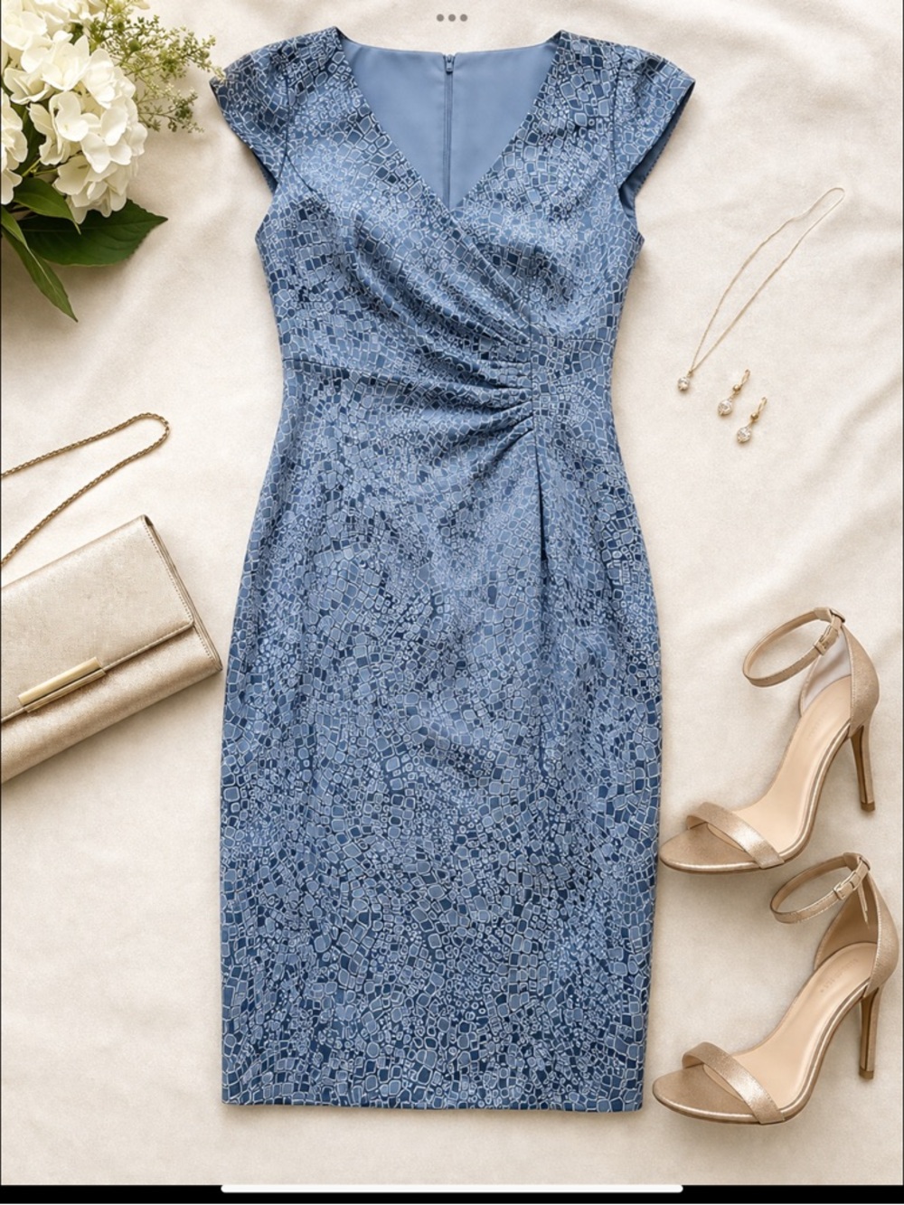 Wedding Guest Blue Sheath Dress Ruched Cocktail Size 4 Kay Unger Elegant - Picture 6 of 16